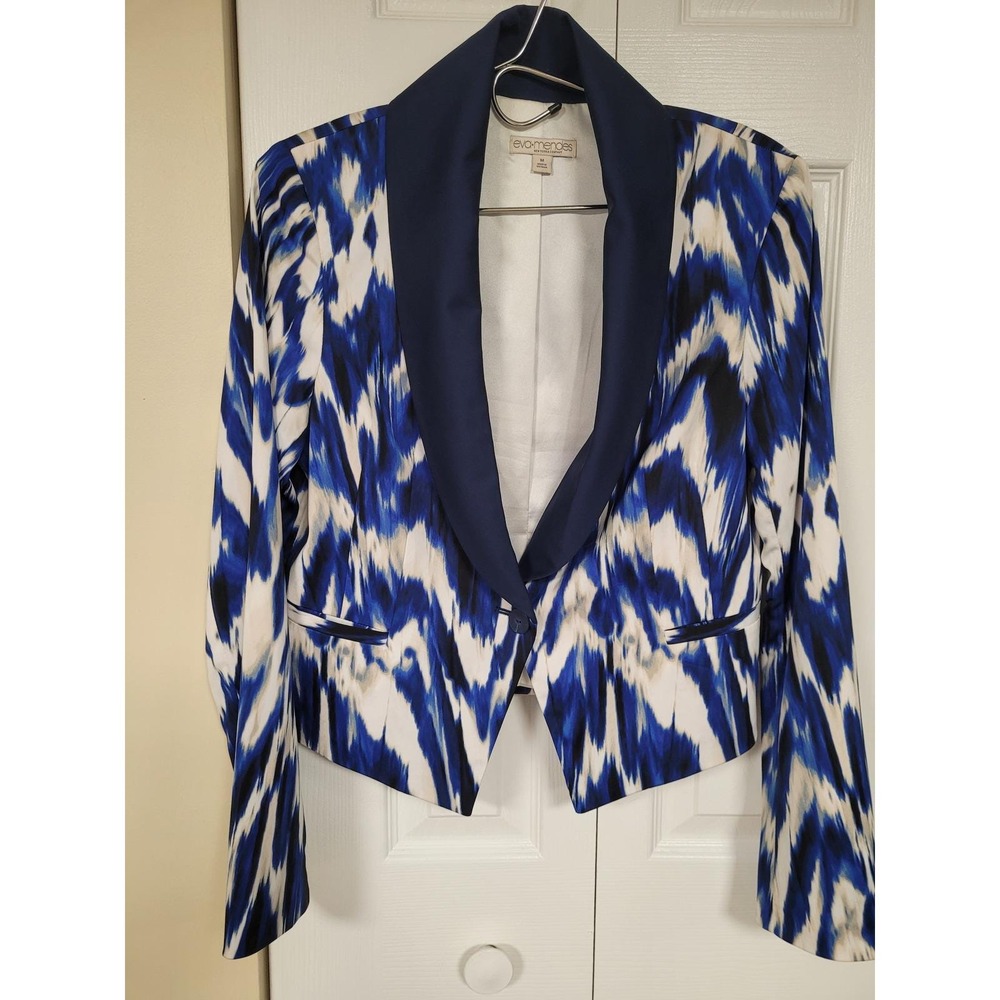 Eva Mendes NY & Co Blue White Y2K Shawl Collar Cropped Blazer Abstract‎ Size M